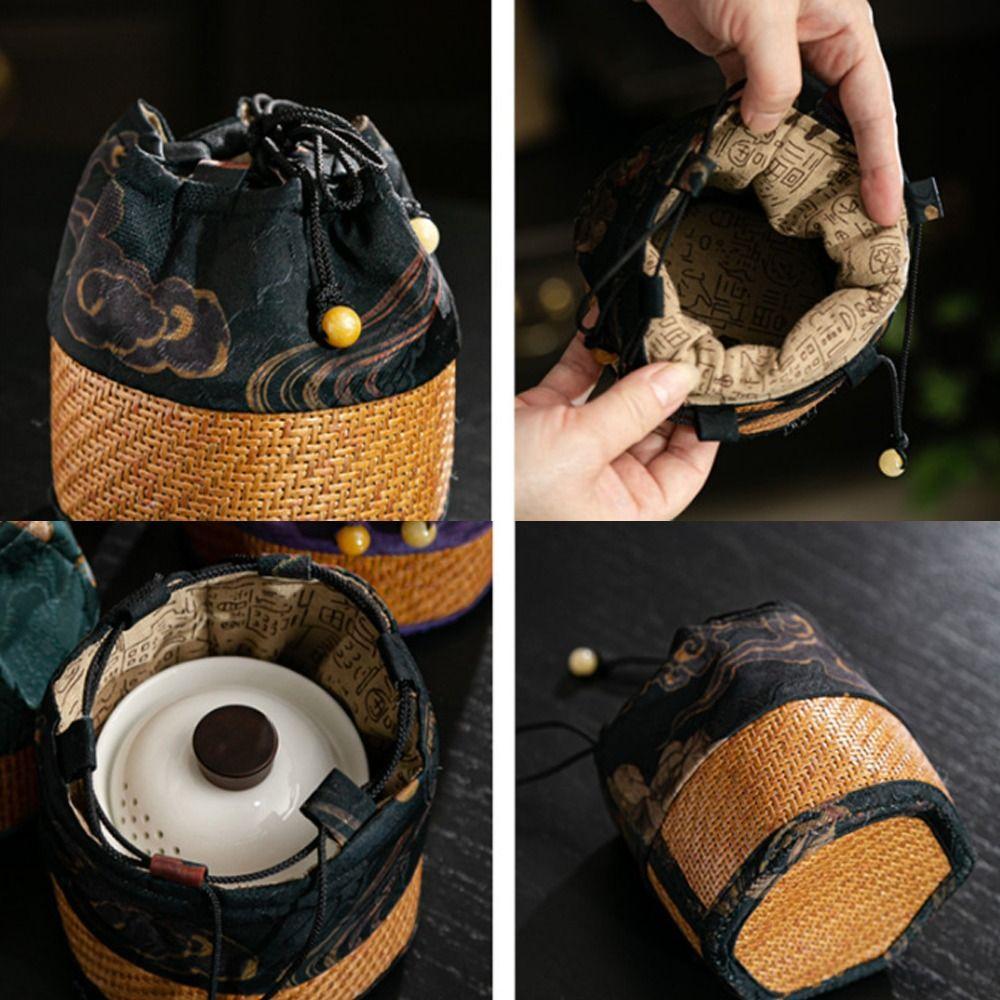 Handmade Spliced Drawstring Pocket with Handle Teapot Bag Rattan Pattern Storage Bag  For Small Cup