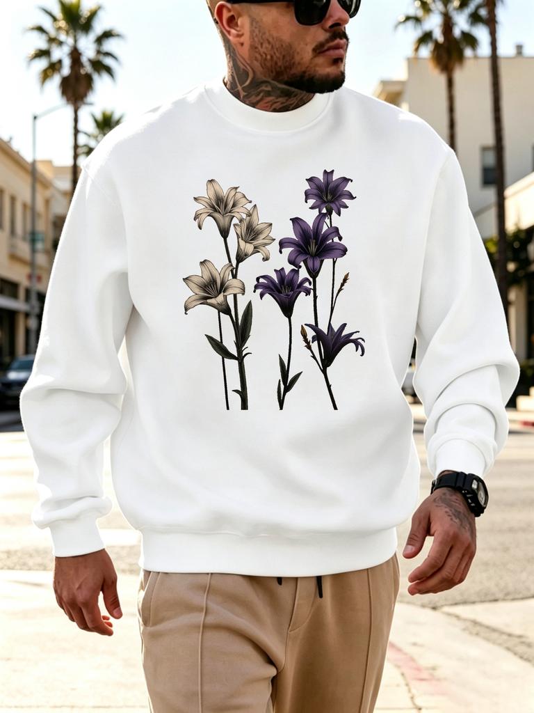 Men'S Graphic Print Crew Neck Sweatshirt, Vintage Botanical Streetwear Pattern, Loose Fit Cut, Comfortable Everyday Streetwear, Casual Outdoor Apparel