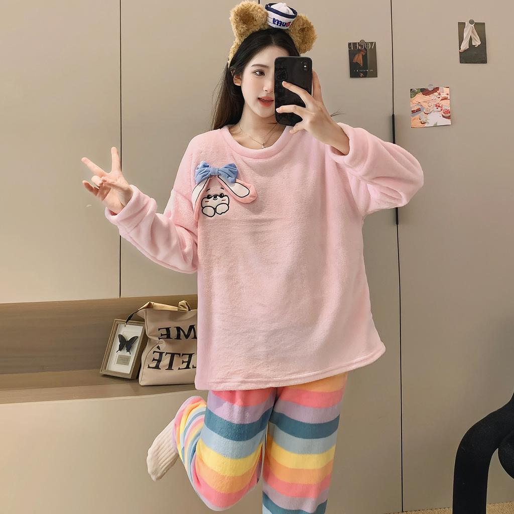 New 2025 Autumn Winter Warm Flannel Women Pijama Sets Thicken Coral Velvet Long Sleeve Cute cartoon purple Sleepwear Set Thin Flannel Pajamas Set