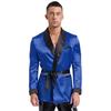 Mens Contrast Smoking Jacket Robe Belt Lapel Long Sleeve Side Pockets Satin Kimono Bathrobe Nightwear Loungewear