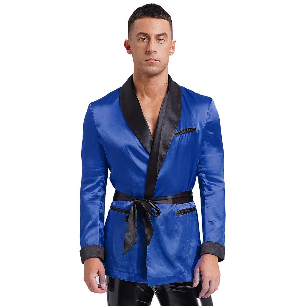 Mens Contrast Smoking Jacket Robe Belt Lapel Long Sleeve Side Pockets Satin Kimono Bathrobe Nightwear Loungewear