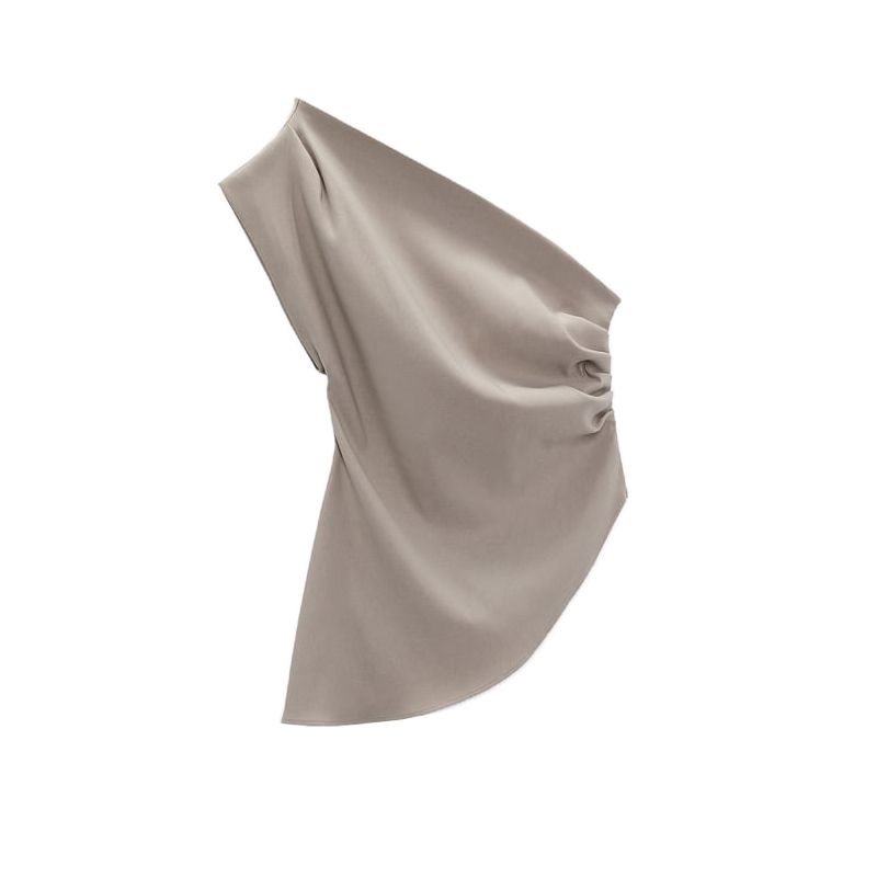 Spring New Arrival Waist-Tight Slim Looking Asymmetrical off-the-Shoulder Ruched Decoration Asymmetric Tops 0085402