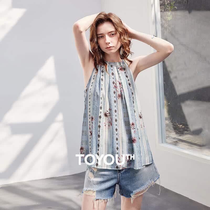 Chuyu Women s Resort Striped Rose Print Sleeveless Top S