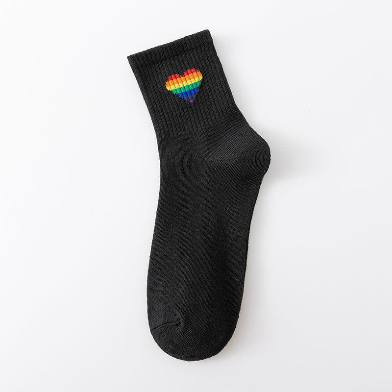 Autumn and Winter Women's Socks Mid-calf White Cartoon Student Bear Rainbow Letter Heart Smiling Face Striped Sports