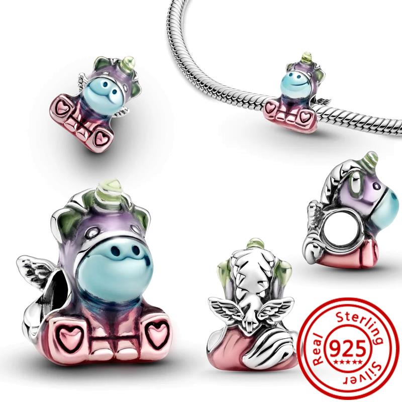 925 Sterling copper Fit Original Pendant Charms Bracelet Women Zircon Colorful Magic Flying Unicorn Pig Dangle Charm DIY Beads