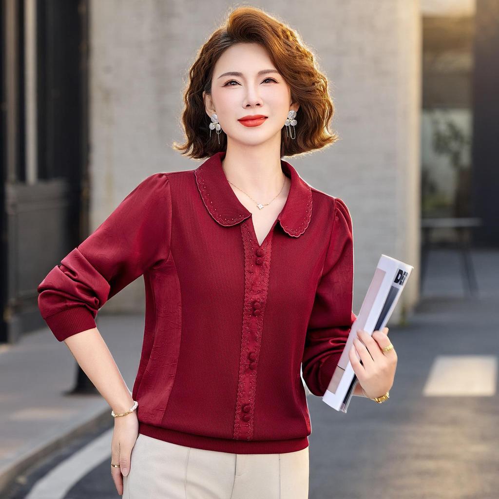Stylish 2026 Spring Top for Middle-Aged & Elderly Women: Long-Sleeved, Slim-Fit Apparel