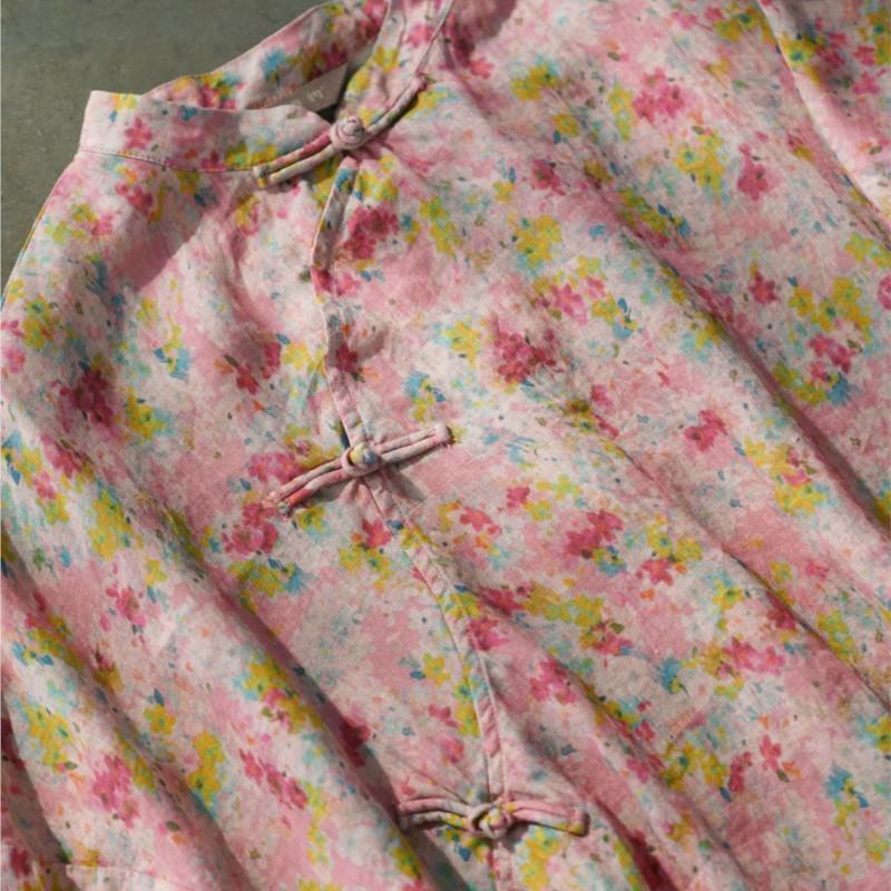 Johnature Damen Vintage Print Blumenkleider Stehkragen Langarm Ramie Hochwertiger Stoff Frühling Chinesischer Stil Kleid