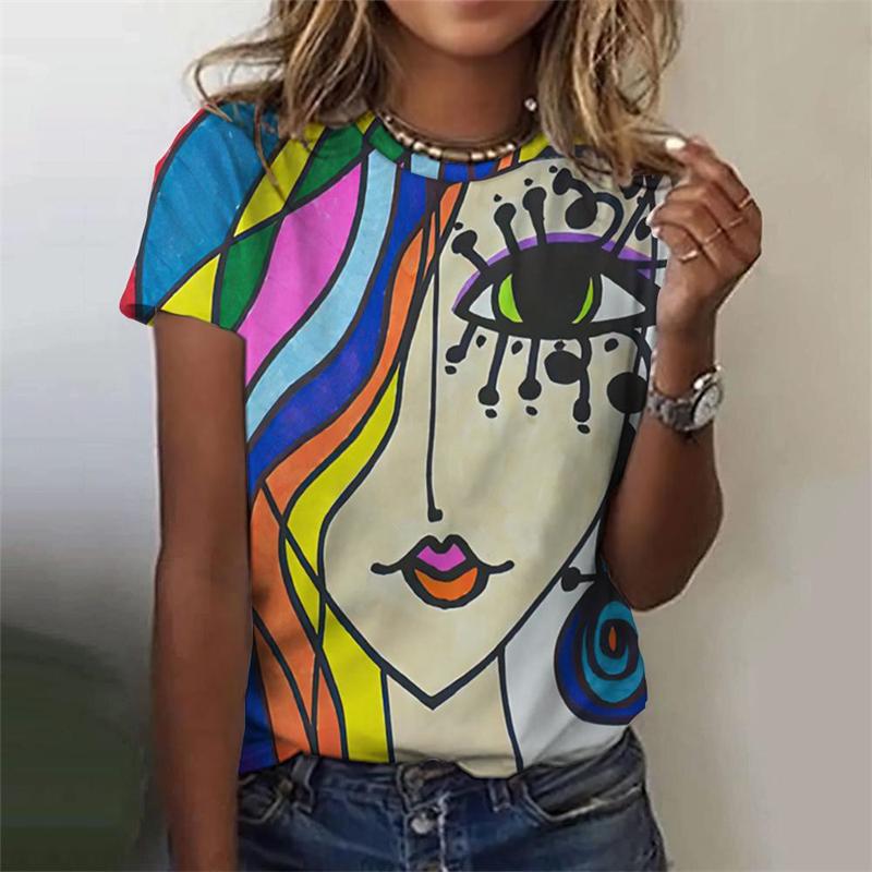 Classic Girls Face Painting 3D Graphic Tee Fashion Floral Print T Shirts For Woman Girl Street Harajuku Colorful Tshirt Tops