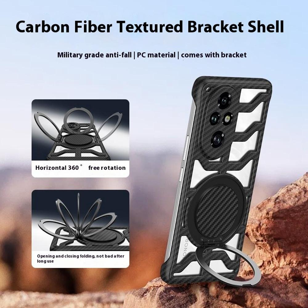 For Honor 200 Pro 5G Case with Kickstand Heat Dissipation Hard PC Phone Back Cover Carbon Fiber Texture