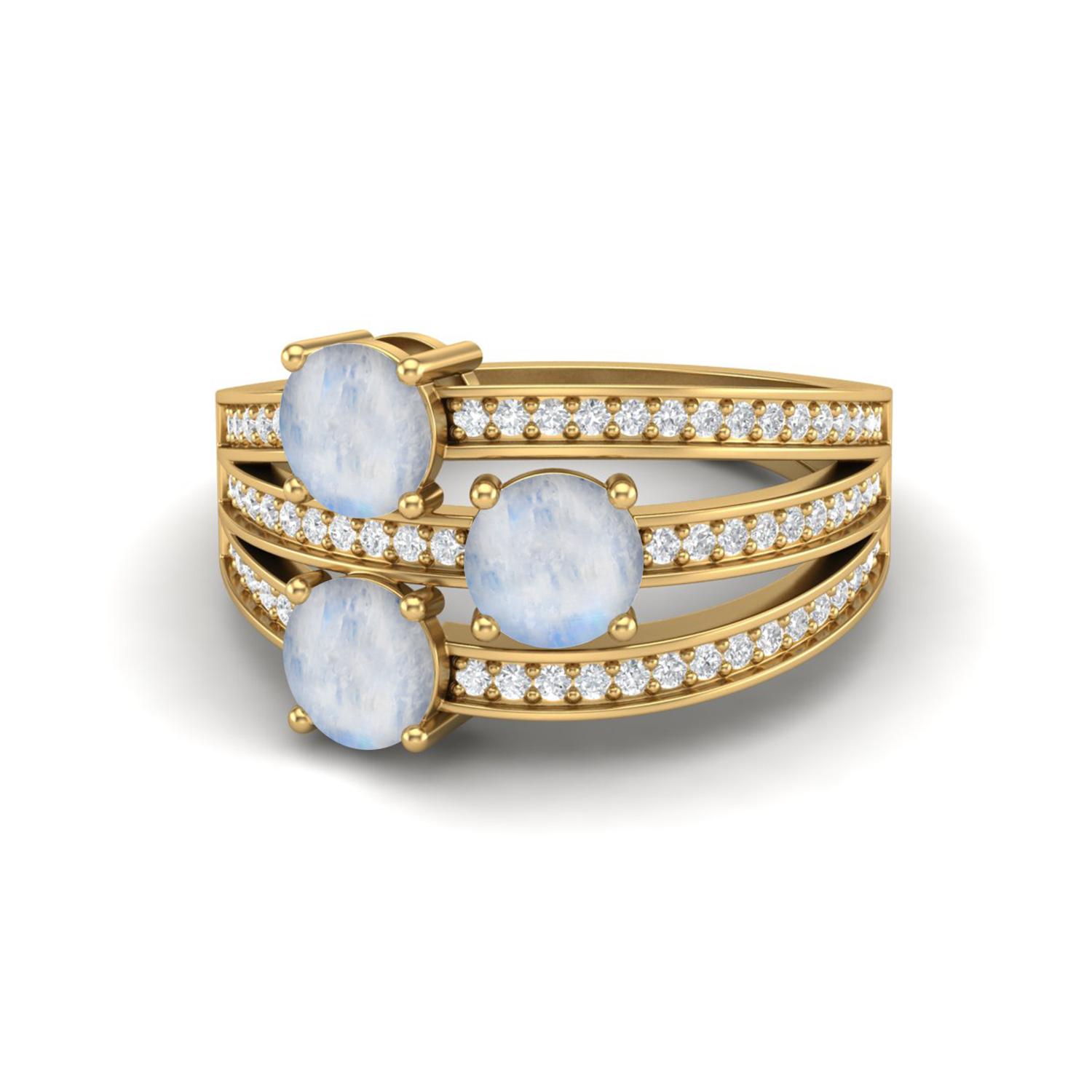 

925 Sterling Silver Gold Vermeil 1.50 Carat Three Stone Round Shape Moonstone Solitaire Women Wedding Ring 9 жовтий
