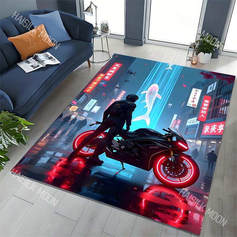 1PC Night Rider, Motorcycle Red Glow Carpet for Living Room Bedroom Sofa Home Decor Rus Non-slip Floor Mat Luxury Gift