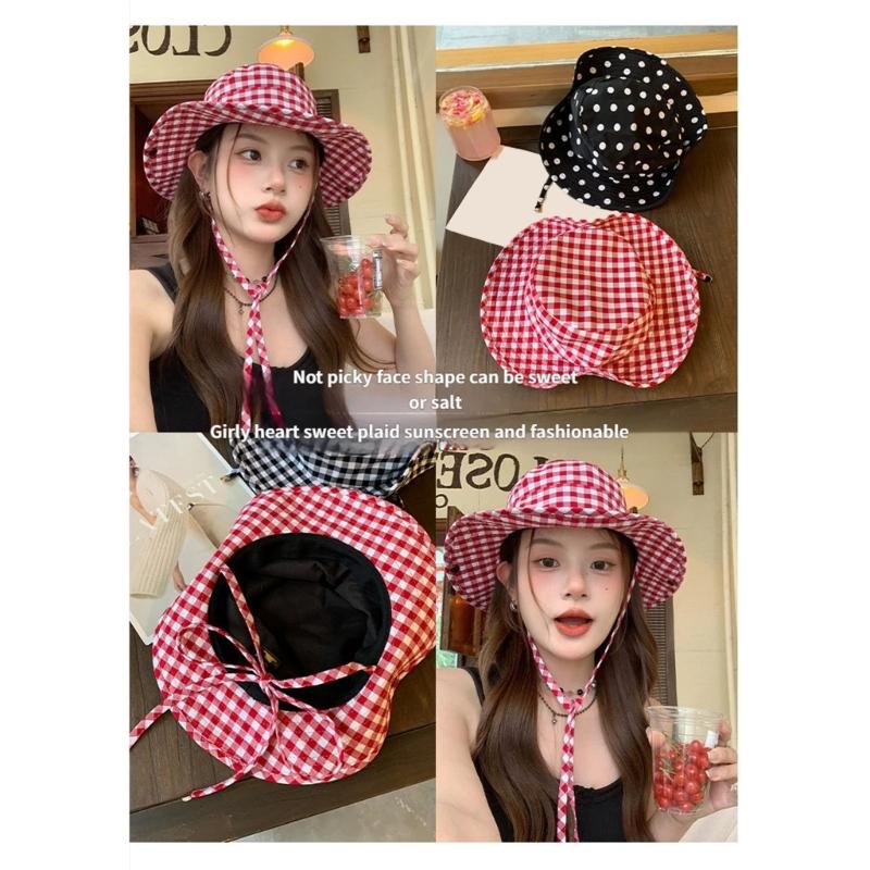 Japanese Style Sweet Gingham Basin Cap Adjustable Bucket Hat For Women And Men Soft Cotton Summer Sun Protection