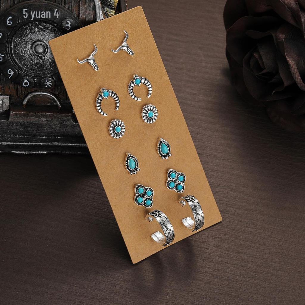 Retro Ethnic Turquoise Flower Cowboy Hat & Cactus Earrings Set – Ideal for Commuting