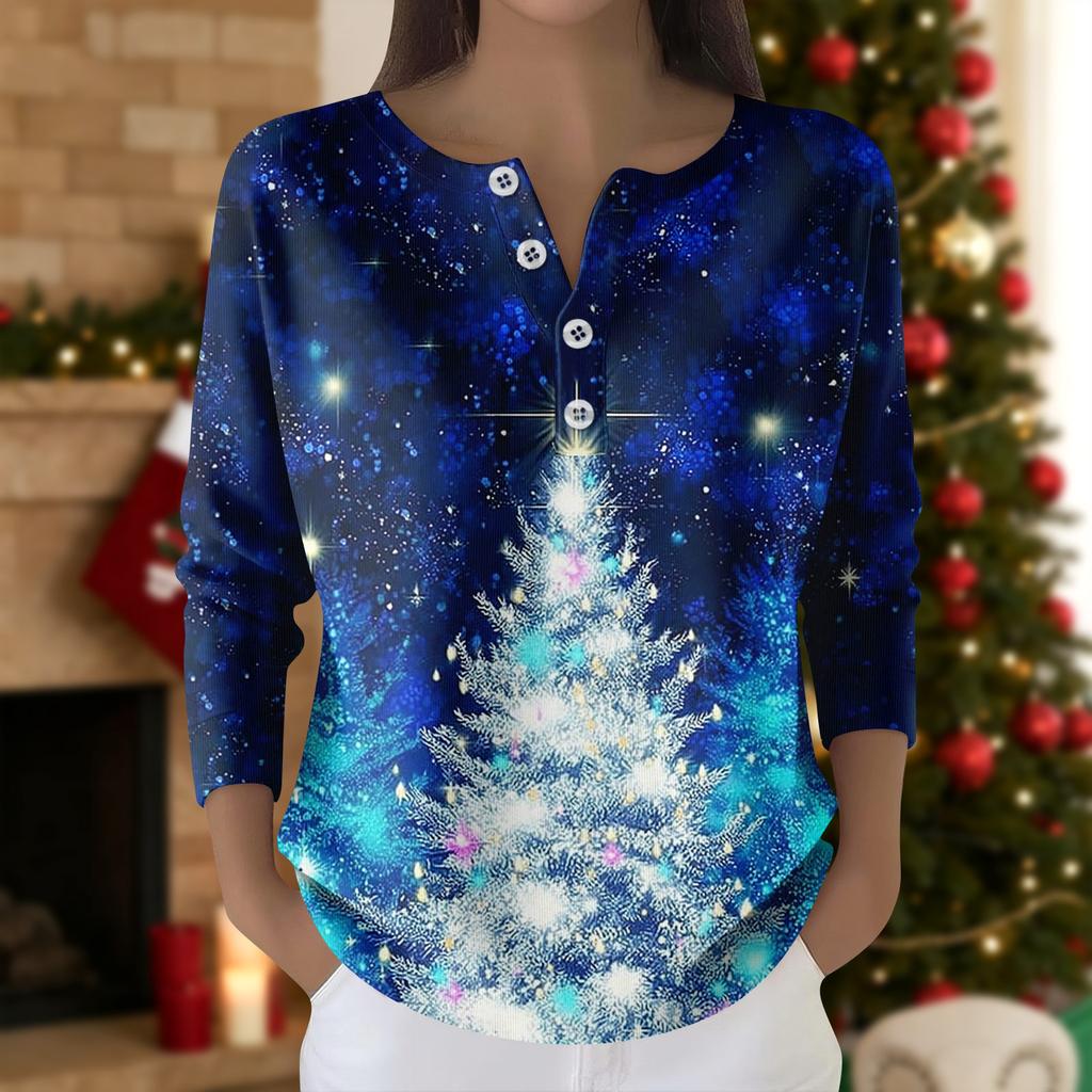 Women's Fashion Long Sleeve Christmas Snowflake Print Top Elegant Casual Top
