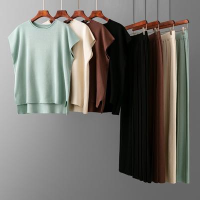 Traje informal de verano para mujer, nuevo chaleco sin mangas de color liso, suéter, pantalones de pierna ancha, traje de seda de hielo de moda de talla grande