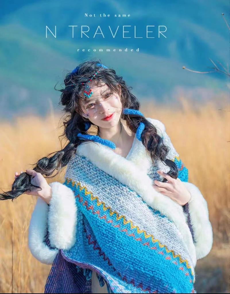 Handgestrickter Schal und Klimaanlagen-Cape im Ethno-Stil mit Quasten