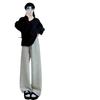 Women's Petite High-Waisted Black & White Striped Wide-Leg Pants - Autumn/Winter Casual Loose Fit with Plus Velvet