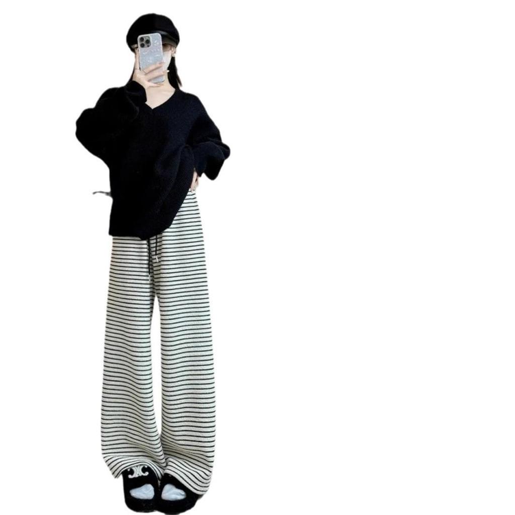 Women's Petite High-Waisted Black & White Striped Wide-Leg Pants - Autumn/Winter Casual Loose Fit with Plus Velvet