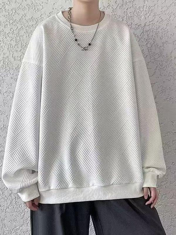 Men's Heavy Waffle Round Neck Sweatshirt - Trendy Long-Sleeve, Loose-Fit for Spring and Autumn