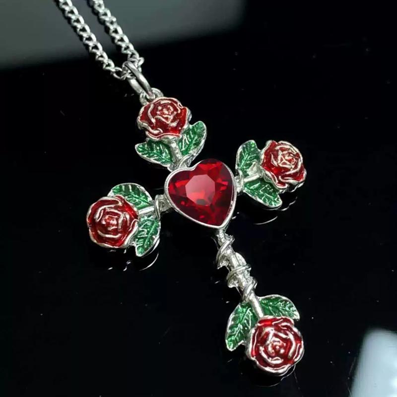 Vintage Gothic Rose Crucifix Necklace with Heart Pendant Victorian Jewelry for Women Men Adjustable Neckchain