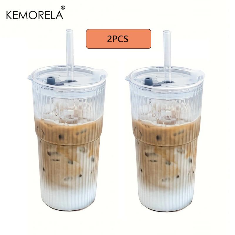 KEMORELA 1/2PCS Ribbed Glass Tumblers with Lids and Straw 600ML Large Capacity Coffee Cup for Iced Americano and Juice Coke Beer