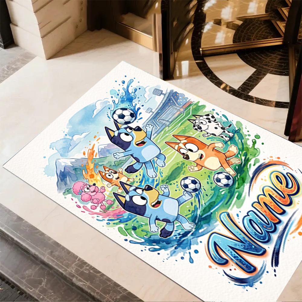 Bluey's Festive Football Fun Customized Name Floor Mat Suitable for Bedrooms Living Rooms Dining Room Decorate Room Antislip Carpet Anime Office Decor