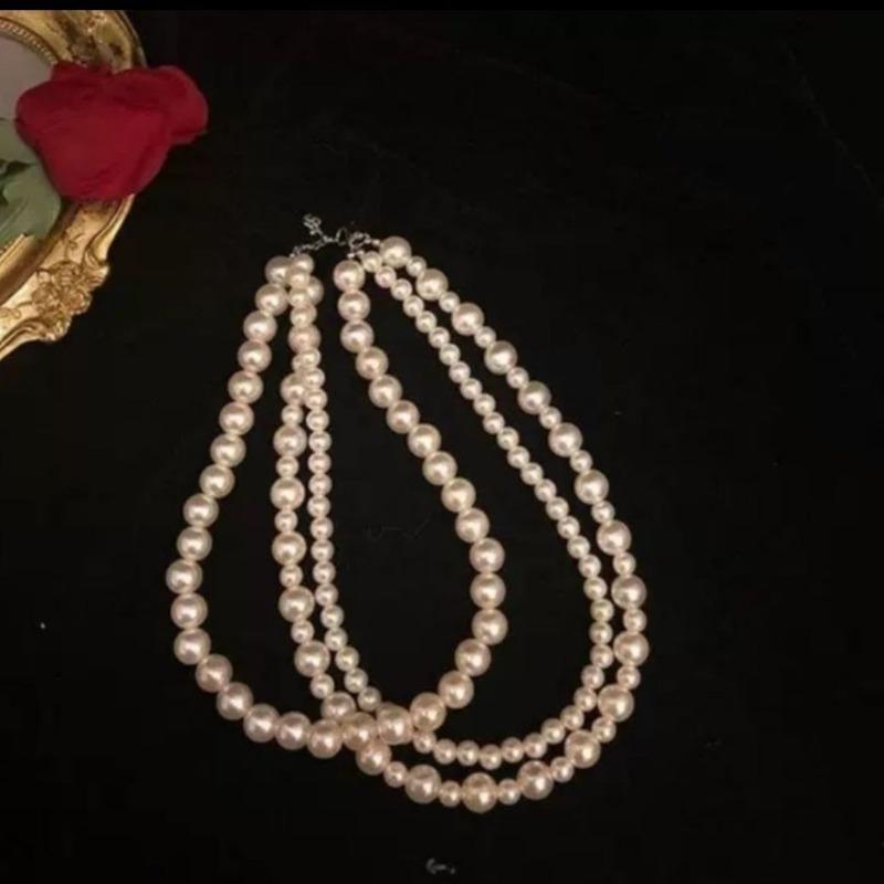 

Glass pearl necklace multi-layer socialite elegant handwoven long necklace collarbone palace style