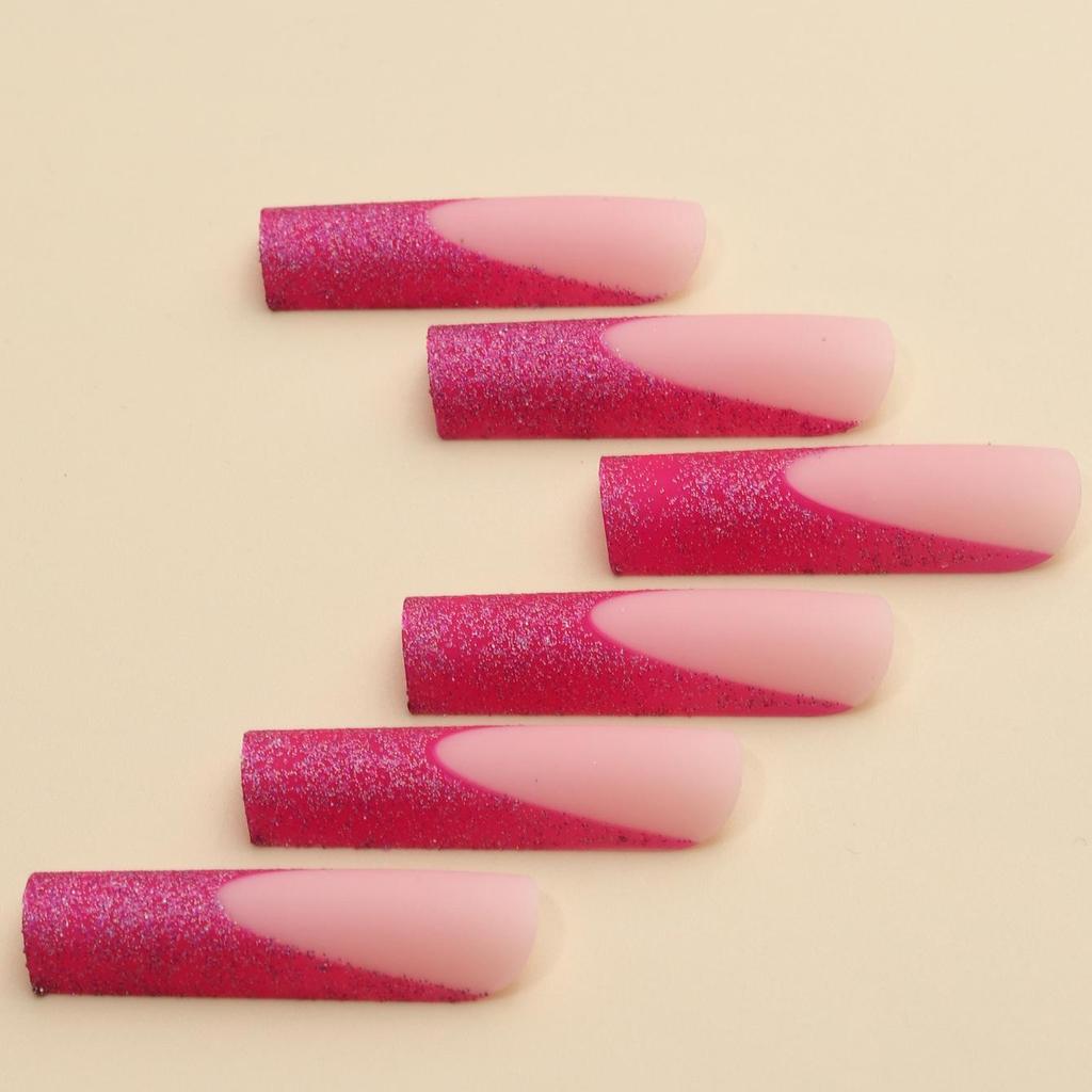 Extra Lange Glitzernde Rosa Tragbare Französische Nägel - 24 Stück Europäischer & Amerikanischer Stil