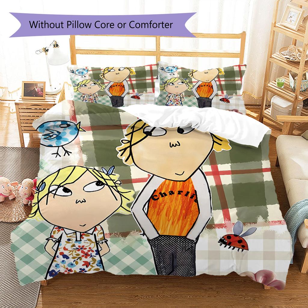 Charlie und Lola Muster Bettwäsche Steppbett Set Bettbezug Kissenbezug Heimdekoration Geburtstagsgeschenk (1 Bettbezug + 2 Kissenbezüge, ohne Füllung)