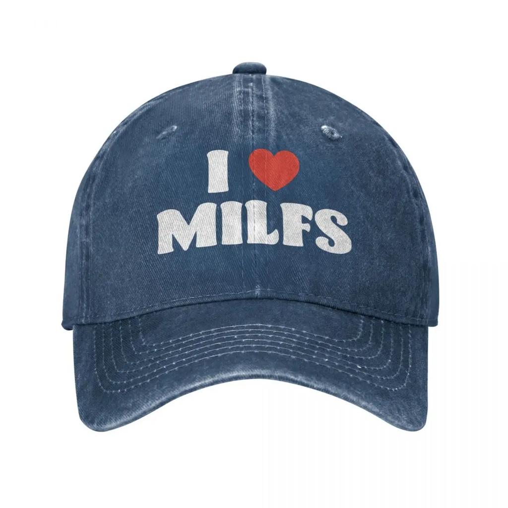 Mote Jeg elsker Milfs baseballcaps unisex-stil slitt denim snapback-hatt utendørsaktiviteter ustrukturert myk caps-hatt
