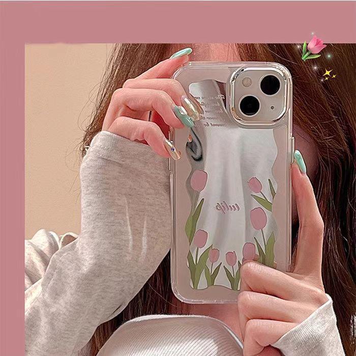 Spring Tulip Flower Makeup Mirror Phone Case for iPhone 17 Pro/13