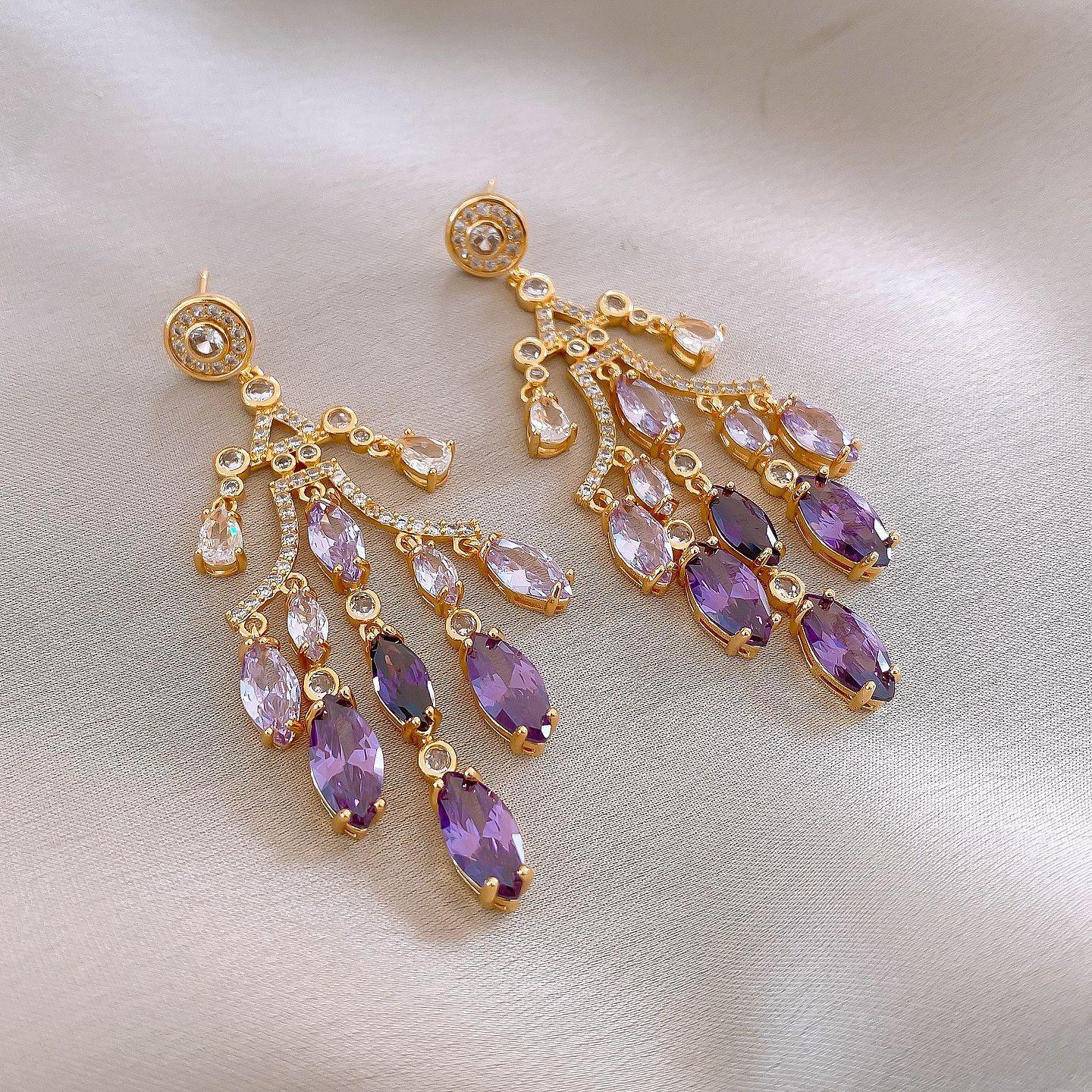 Court style purple water drop fringed earrings stud earrings women s design sense niche earrings