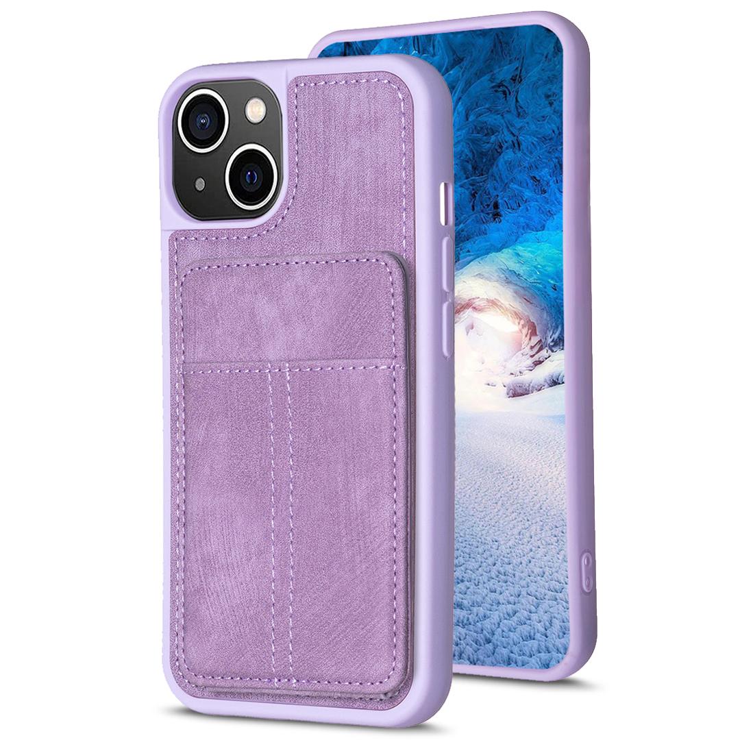 

BF28 For iPhone 15 Kickstand Case Matte PU Leather Coated TPU Phone Cover with Card Holder Purple