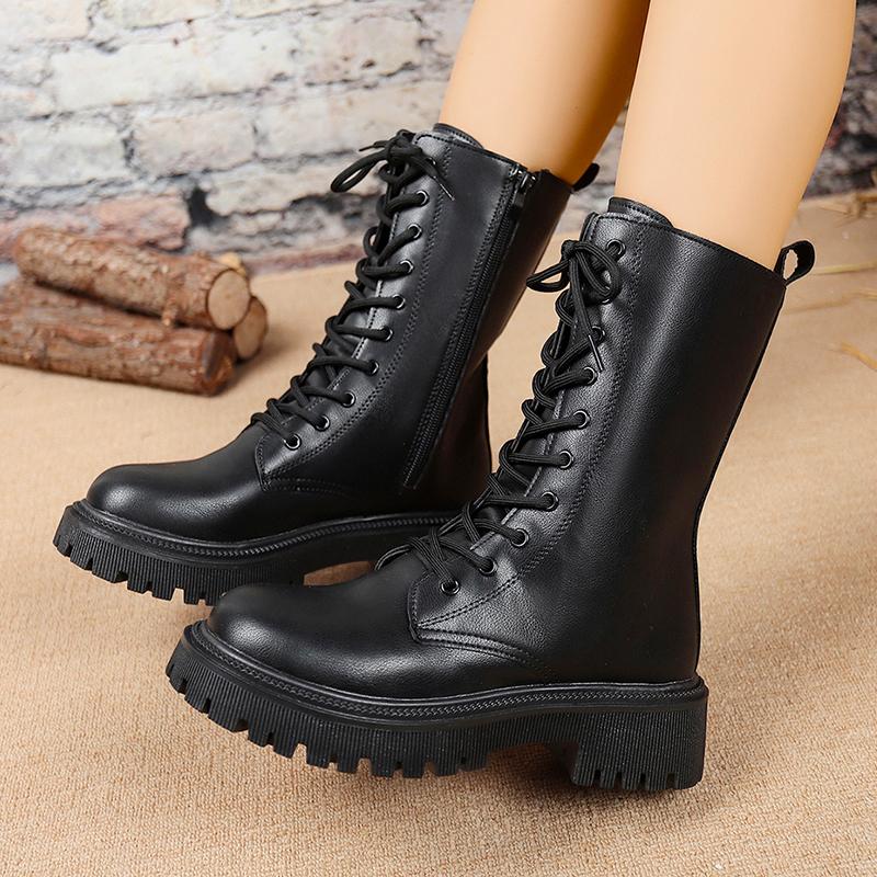 Fashion British Style Black Mid Calf Boots for Women Pu Leather Thick Heels Motorcycle Botas Mujer Autumn Winter Lace Up Boots Woman