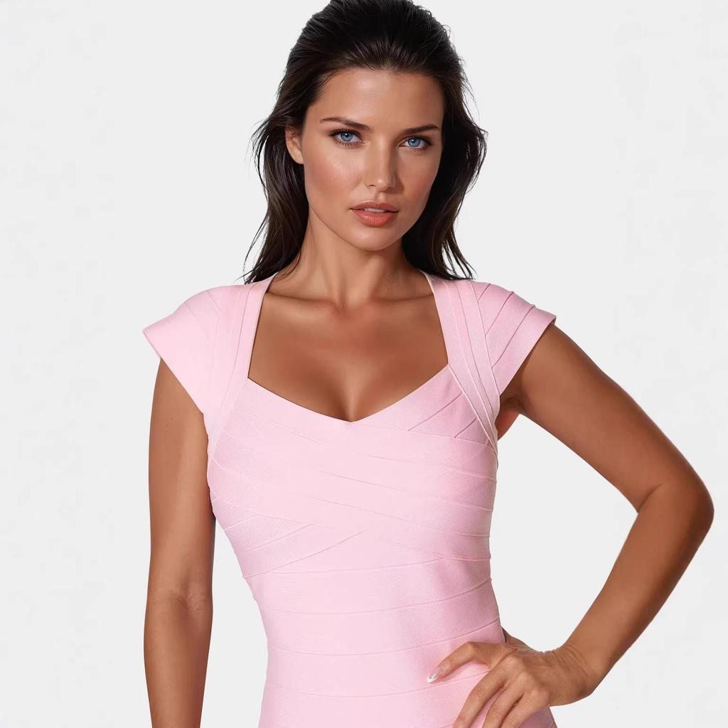 European and American Elegant Pink Valentine's Day Low-Cut Striped Bandage Dress - Sexy, Hip-Hugging Date Dress.