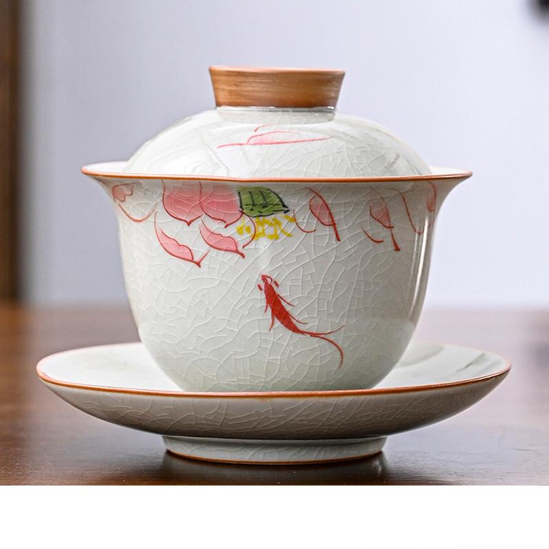 160ml Hand-painted Lotus Ceramic Tea Tureen Covered Bowl Handmade Porcelain Gaiwan Teacup Household Tea Bowl Chinese Teaware