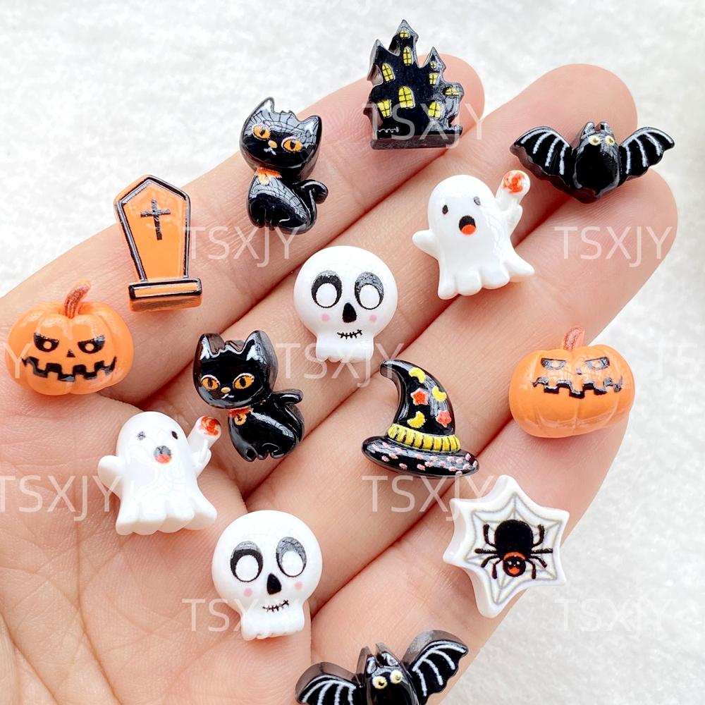 20 Stück Harz Bunt 3D Cartoon Halloween Schädel, Fledermaus, Geist, Schwarze Katze, Spinne Figur Dekoration DIY Halloween Scrapbooking Bastelarbeiten