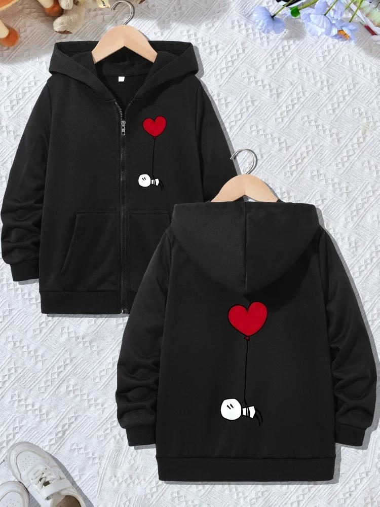 Childrens Zip Hooded Jacket Minimal Cartoon Heart Balloon Character Graphic Front And Back Print Long Sleeve Casual Sweet Coat