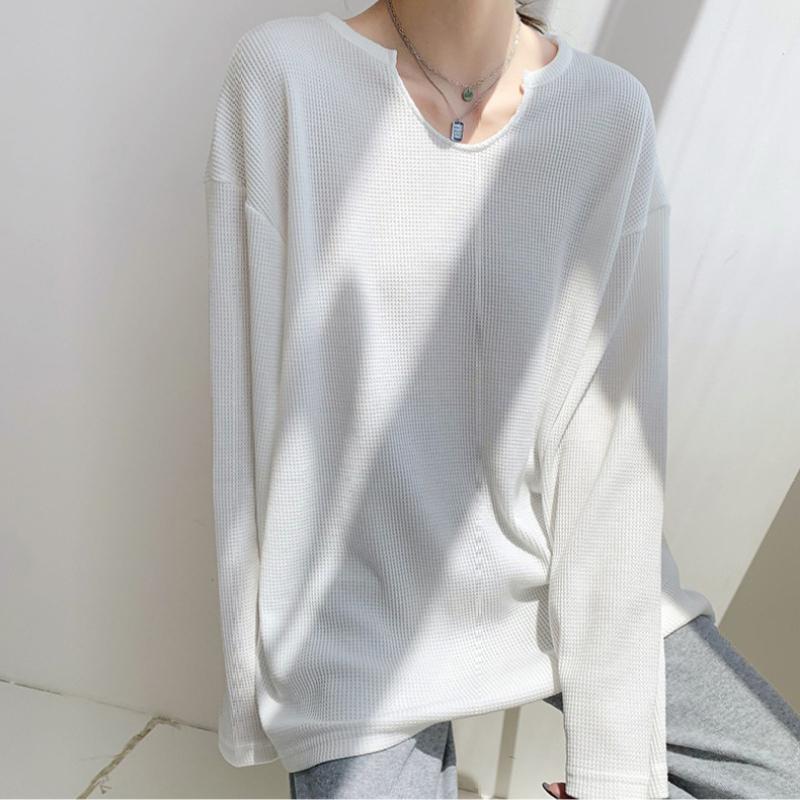 Ocazional, vafre, carouri, tricouri pentru femei, primăvară, vară, mâneci întregi, cu decolteu în V, tricouri pentru femei, maiuri