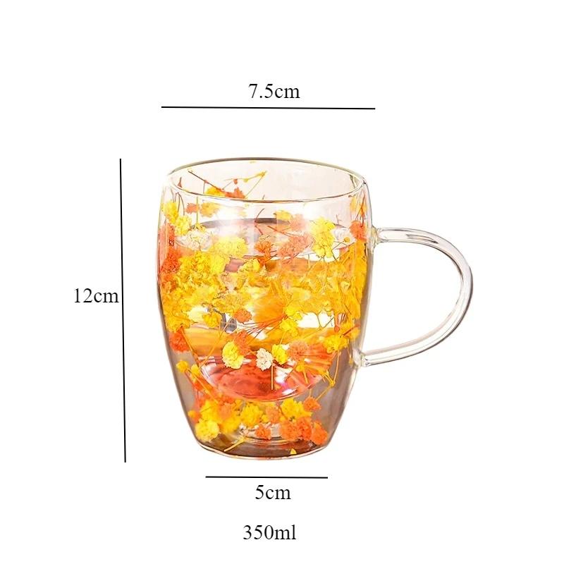350ml Double Wall Espresso Coffee Cup Handle Flower Pattern Creative Transparent Hot Iced Beverage Beer Whisky Wine Glass Mug