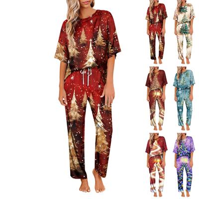 Women's Ice Silk Satin Christmas Print Pajama Set Short Sleeve Shirt And Long Pajama Pants Set Soft Home Clothes