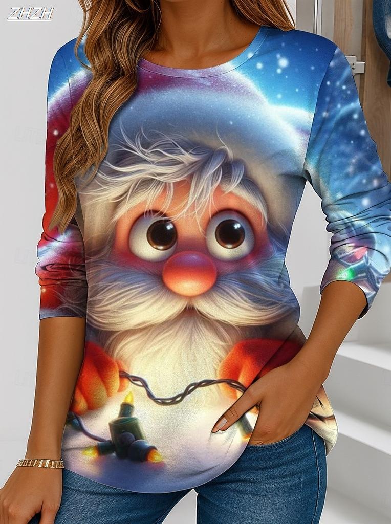 Women's Christmas Santa Long Sleeve, Festive Snowflake Crew Neck, Holiday Graphic Print, Winter Seasonal Casual Top