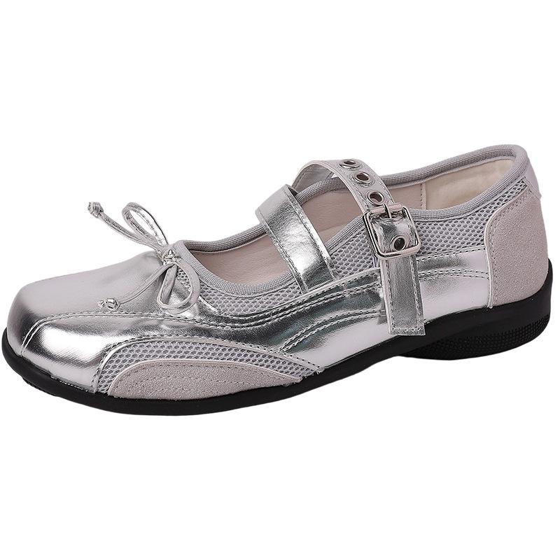 Retro Silver Mary Jane Shoes Women's Summer New Niche Bow Ballet Shoes Women's Single Shoes
