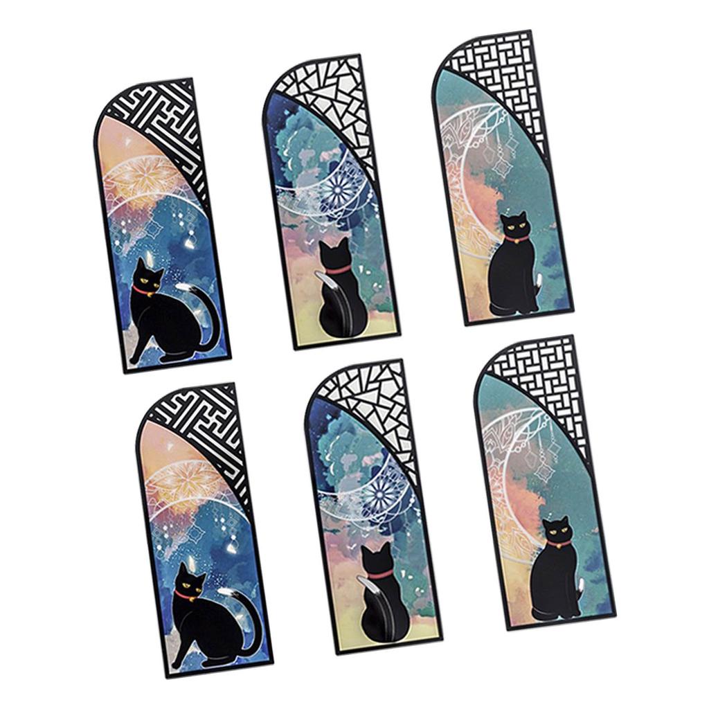 6Pcs Cat Bookmarks Durable Waterproof PET Bright Colors Light Slim Black Cat Book Marks for Office