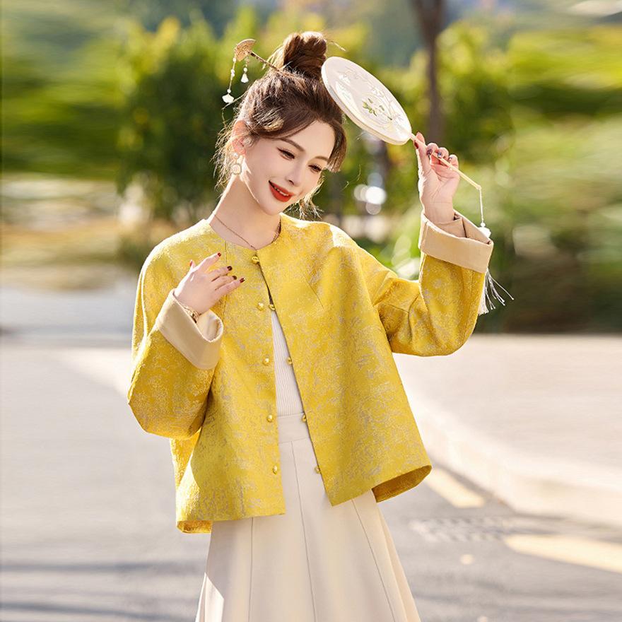 Design Sense Yellow Jacquard Crew Neck Jacket Women's Spring and Autumn New Retro Elegant Top