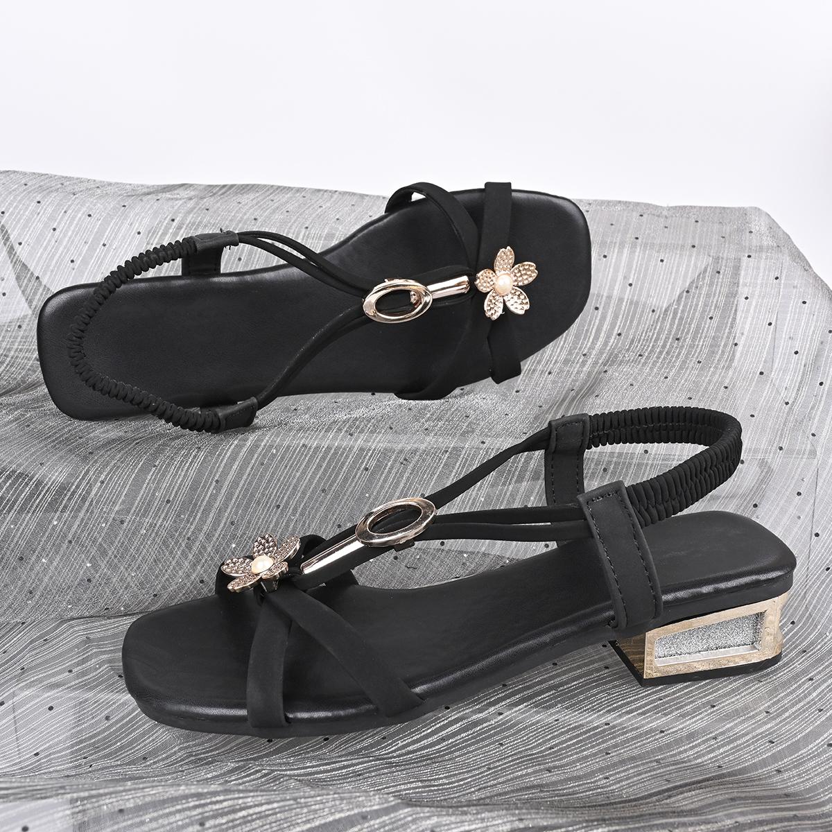 

Fashion 2025 Summer New Women s Sandals Stylish Thick Heel Metal Elastic Sliding Women s Shoes Casual Style Comfortable Sandals Zapatos 42