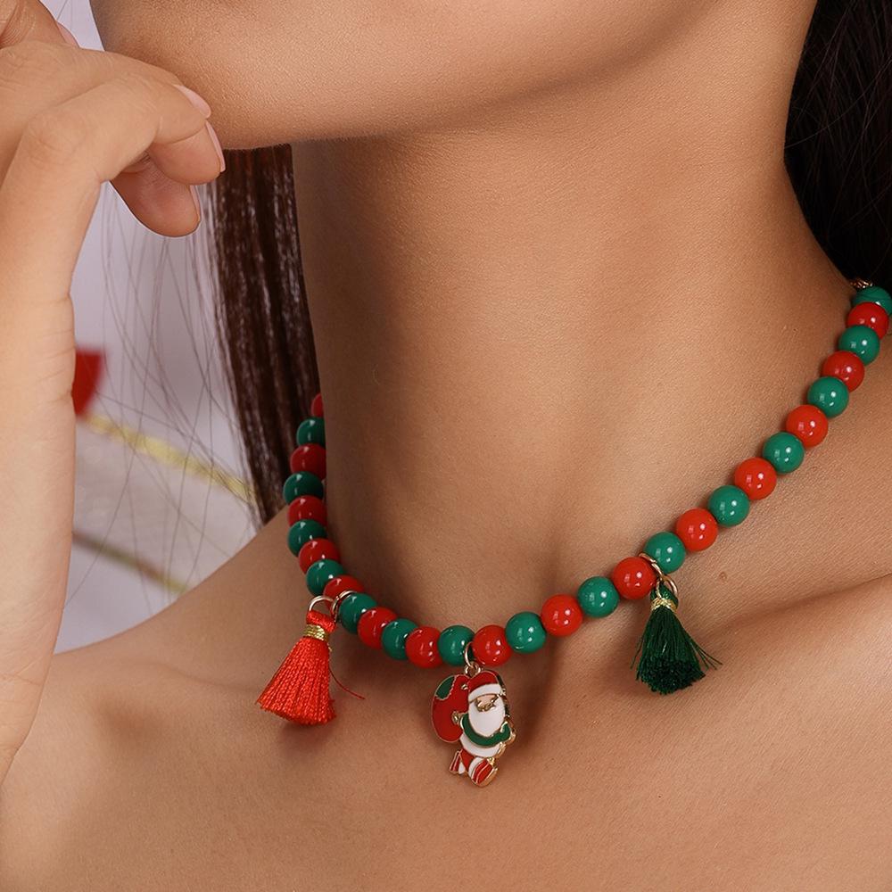 Santa Claus Cartoon Beaded Choker with Tassel Pendant