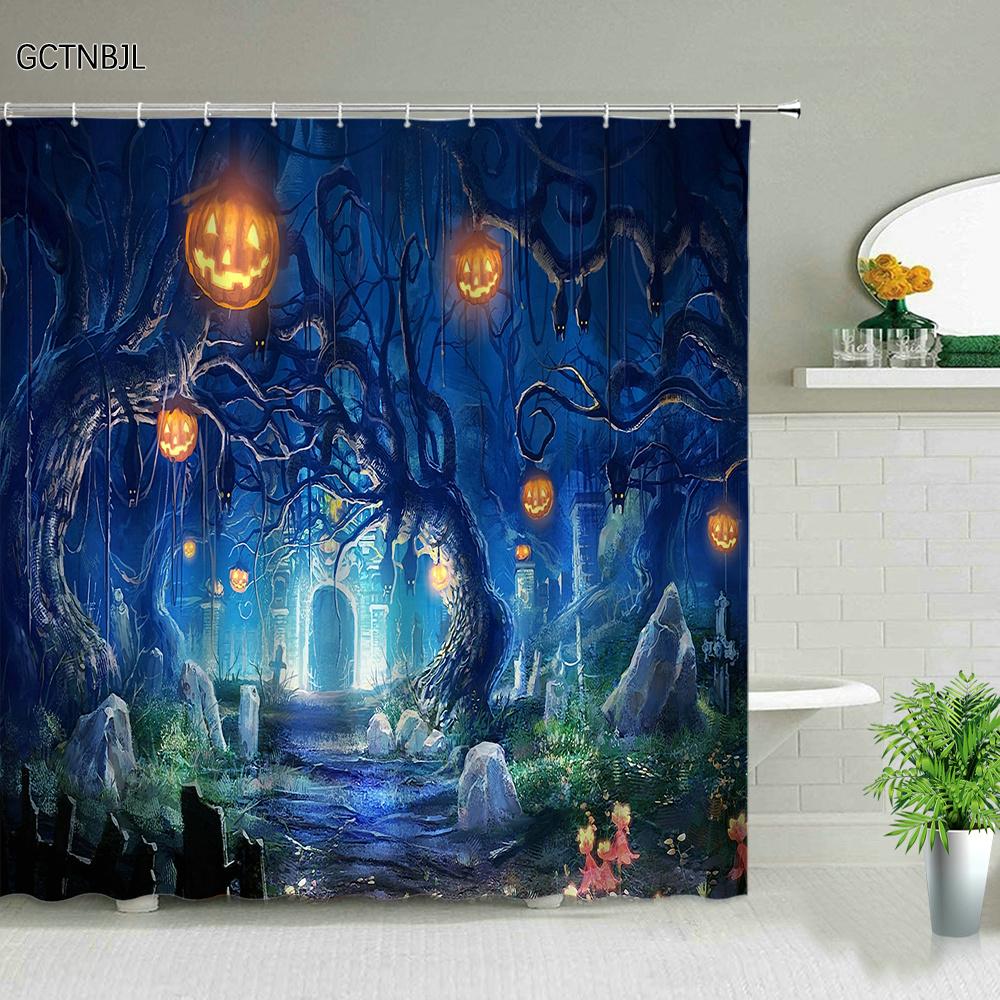 Halloween pumpkin Lantern Shower Curtain Bathroom The Terrible  Forest Wood Ghost House Tombstone Fabric Bathroom Curtain Set