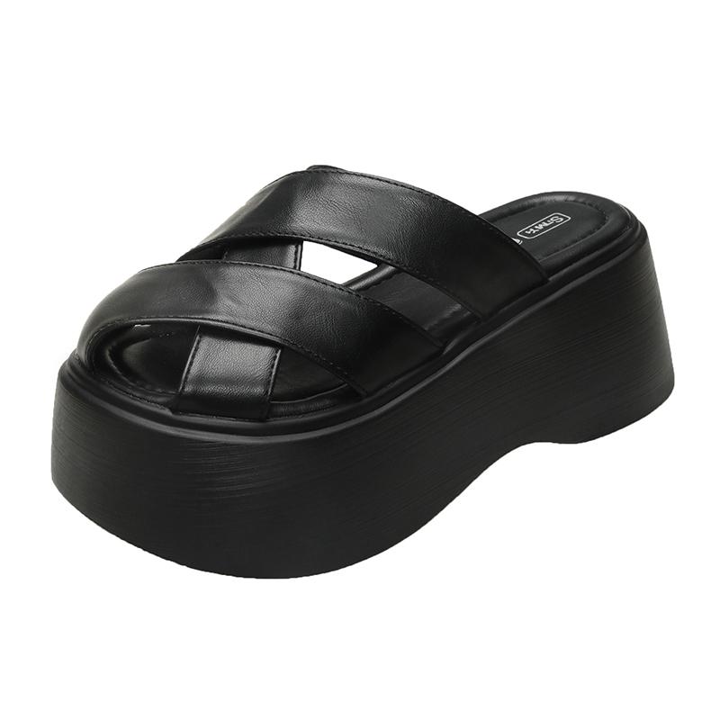 Fashion 8CM Women Leather Sandals New Ladies Shoes Woman Pumps Women Cross-strap Slides Platform Shoes Heels Slip On Round Toe Slippers