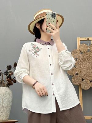 Camisa Feminina de Algodão com Manga Longa, Gola Bordada Retrô, Camada Dupla, Coleção Primavera 2026 - Macia, Amiga da Pele e Respirável